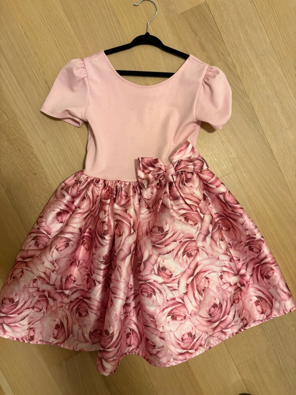 Girls Pink Floral Bow Party Dress satin skirt tshirt top